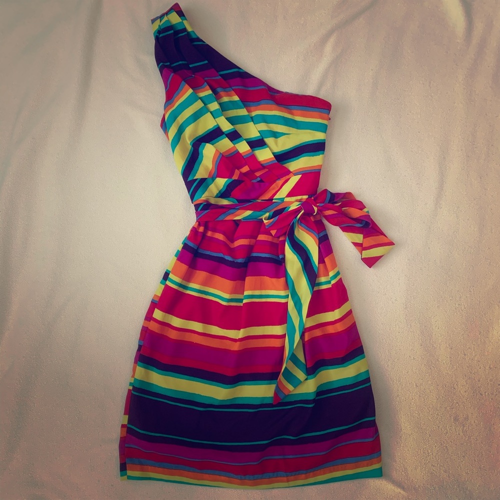 Rainbow striped one shoulder dress XS